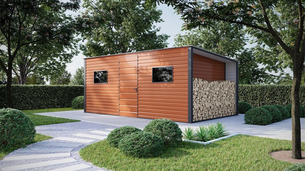 vizualizacija vrtne kućice 4.5x3 m u boji RAL8004 (sjajna tekstura)