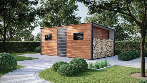 vizualizacija vrtne kućice 4.5x3 m u boji koja imitira drvo „tamni orah”